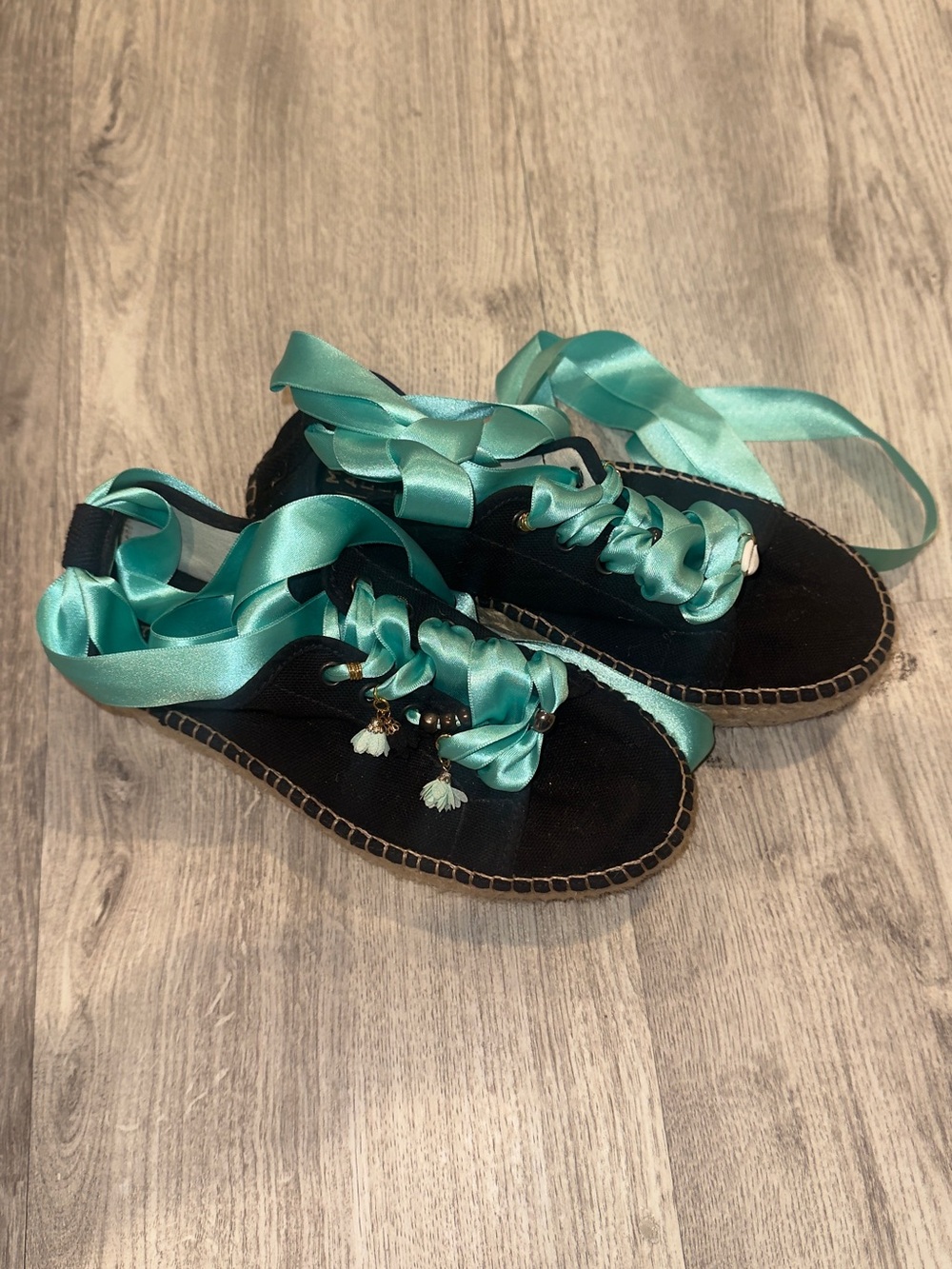 Barcelona Black Espadrille Sandals with Teal Satin Ribbon Laces
